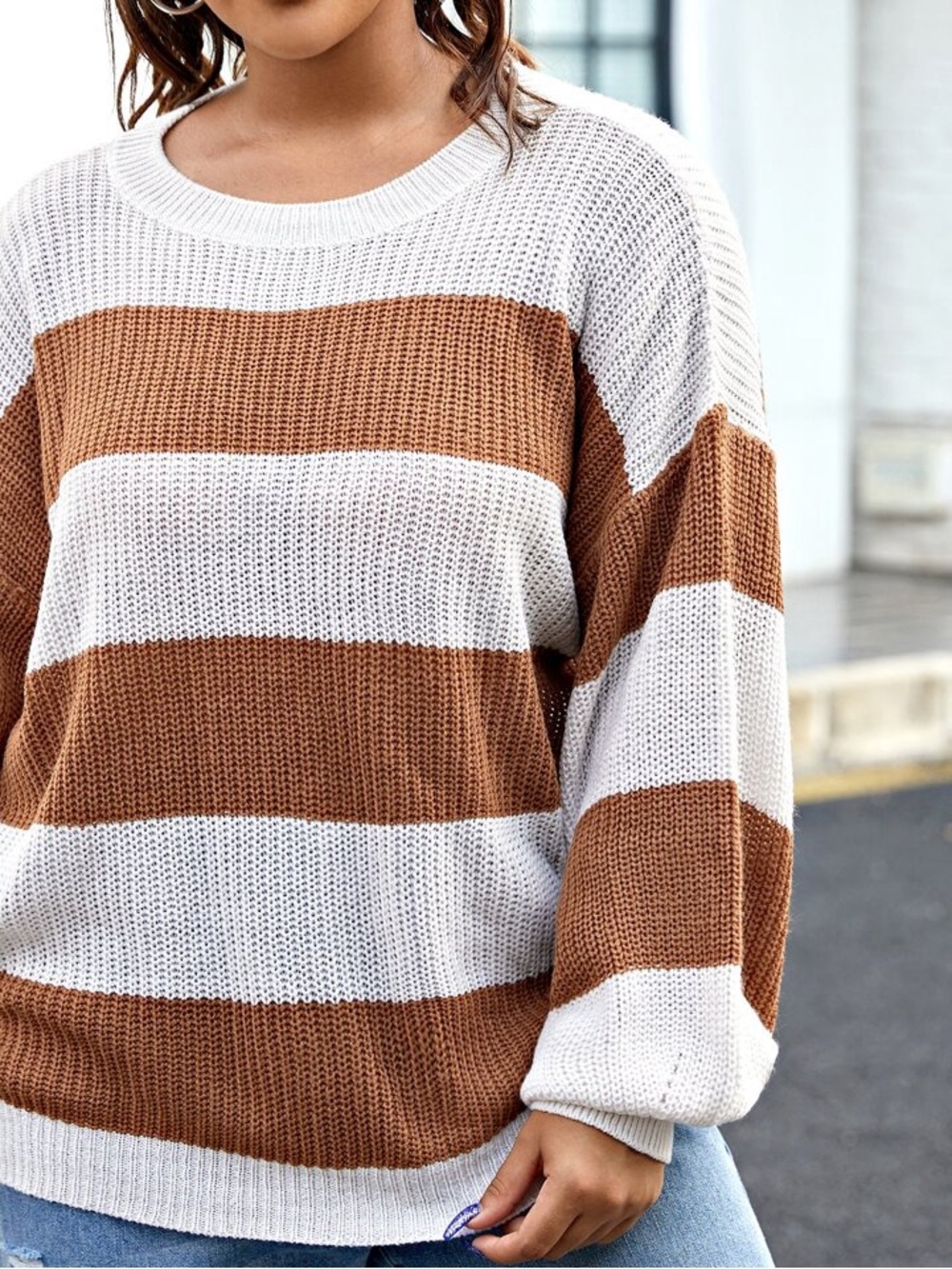 White & Brown Striped Knit Sweater - so soft